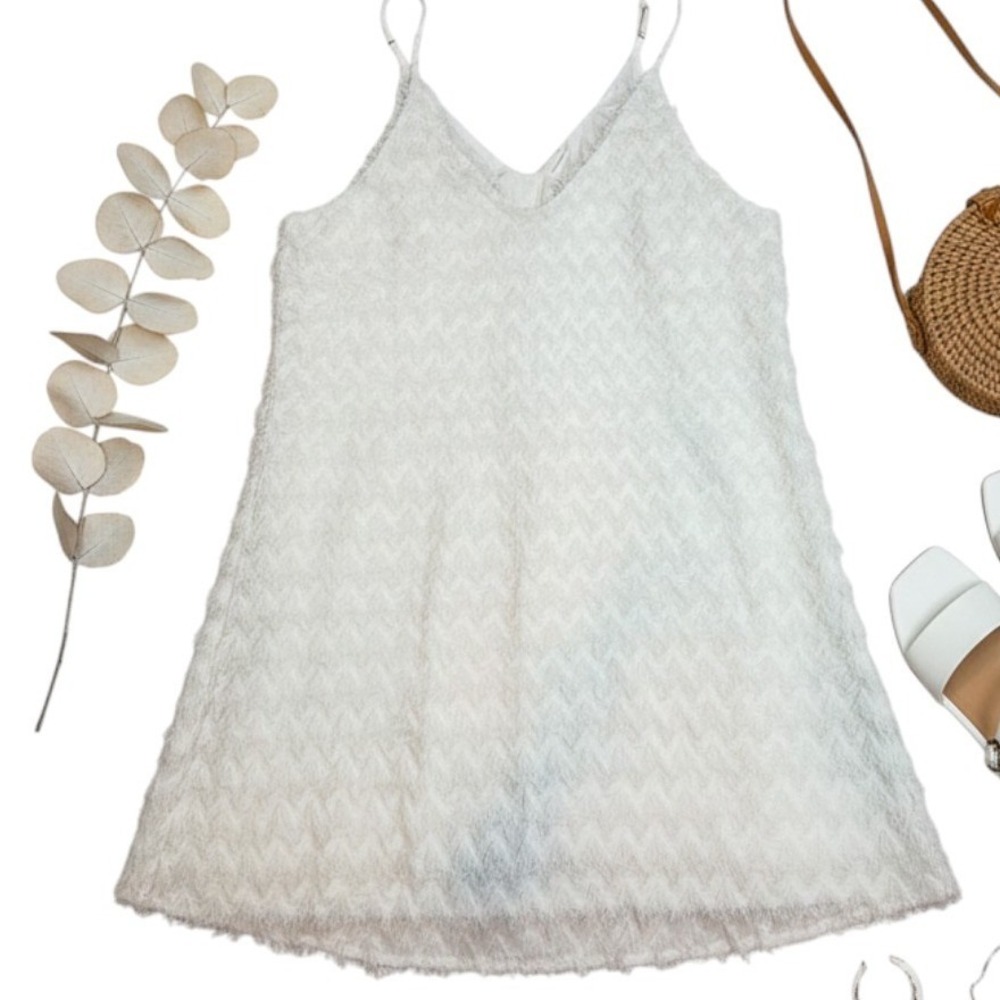 White Eyelash Knit Chevron Fringe Mini Dress V-Neck Adjustable Straps Sleeveless